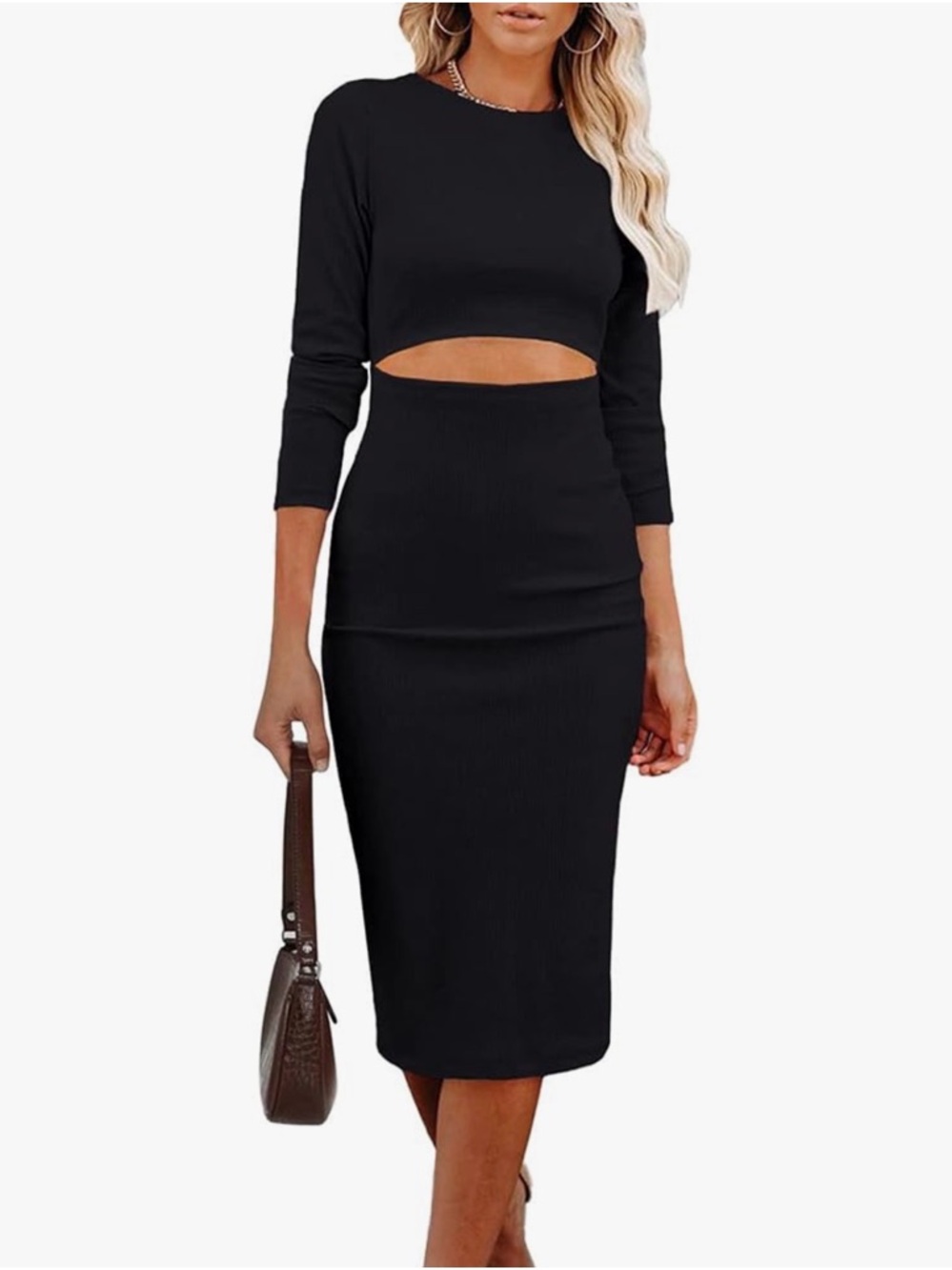 PrettyGarden Black Ribbed Long Sleeve Top - L